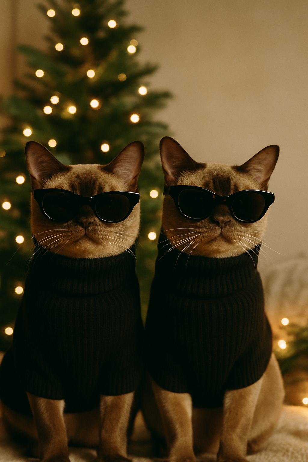 Two cats wearing sunglasses and black sweaters in front of a decorated Christmas tree.