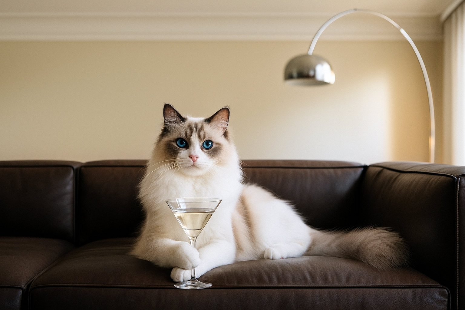Cat sitting on a brown couch with a glass of champagne