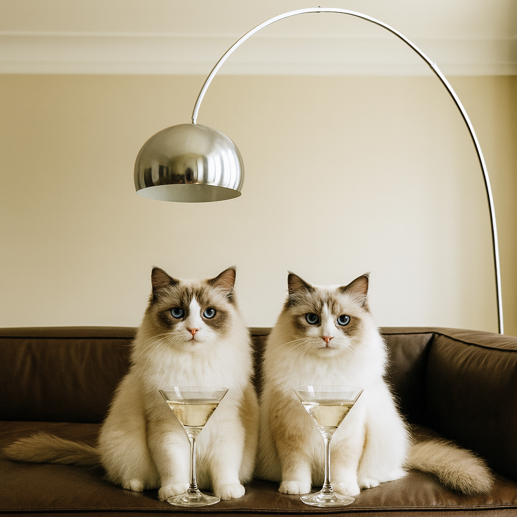 Two cats sitting on a couch with martini glasses, under a modern floor lamp.