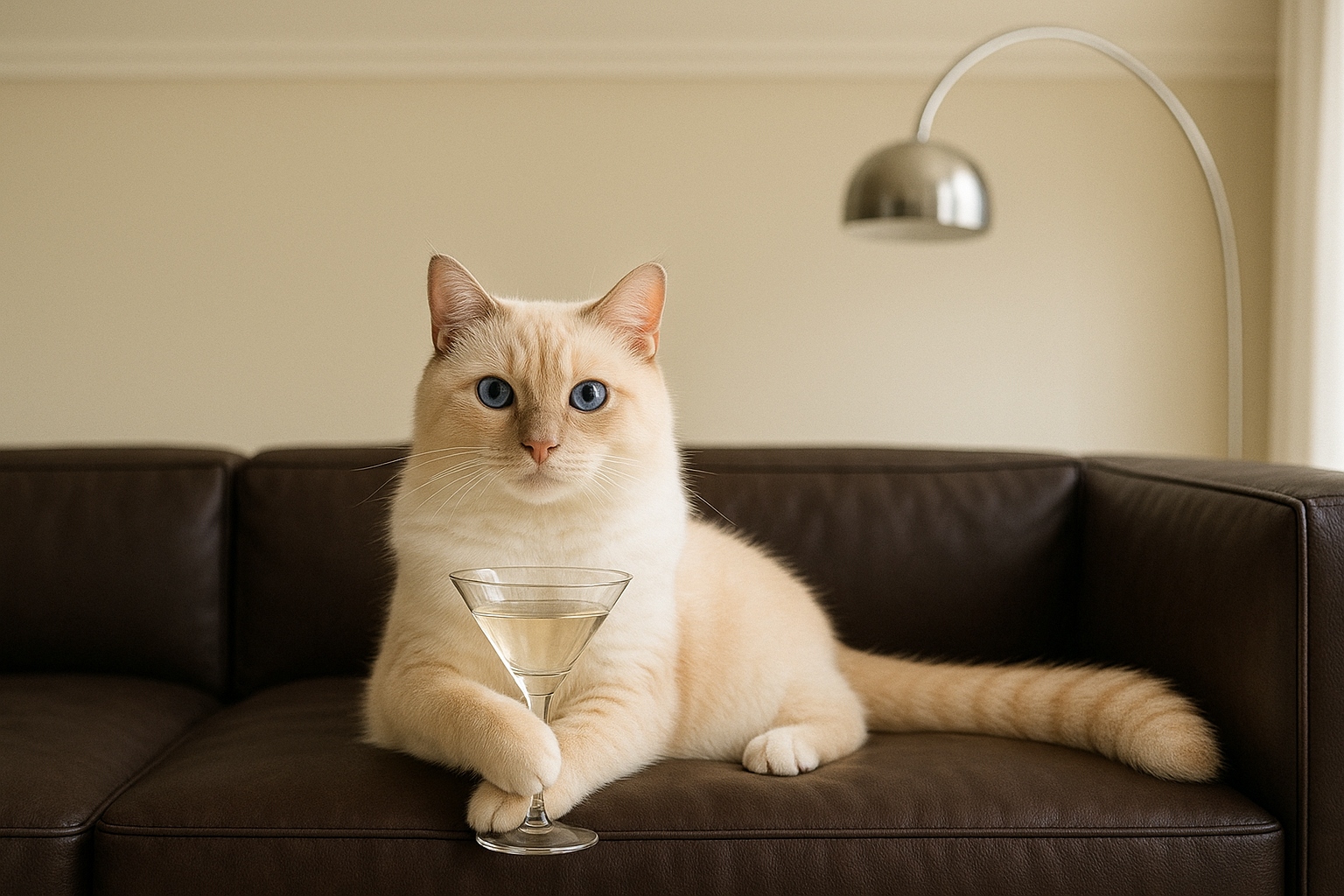 Cat sitting on a brown couch holding a martini glass