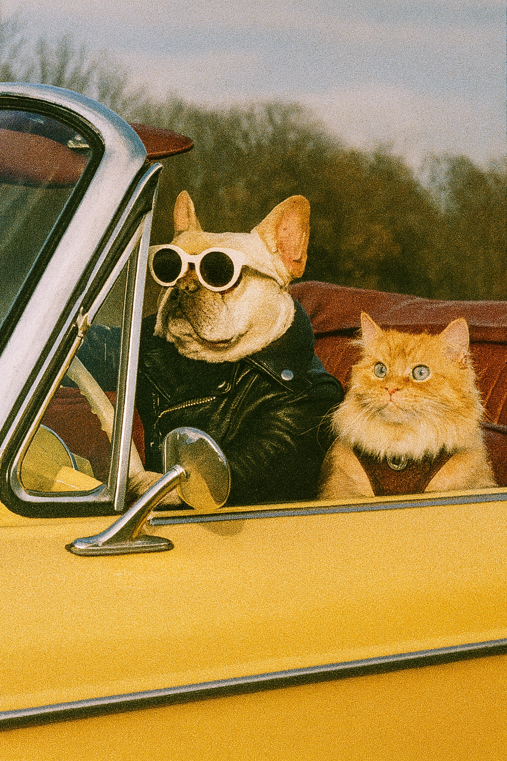 Dog and cat in a car, with the dog wearing sunglasses, on a scenic road.