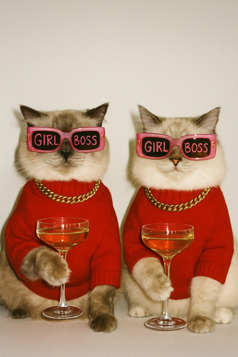 Two cats wearing red sweaters and 'Girl Boss' sunglasses holding wine glasses.