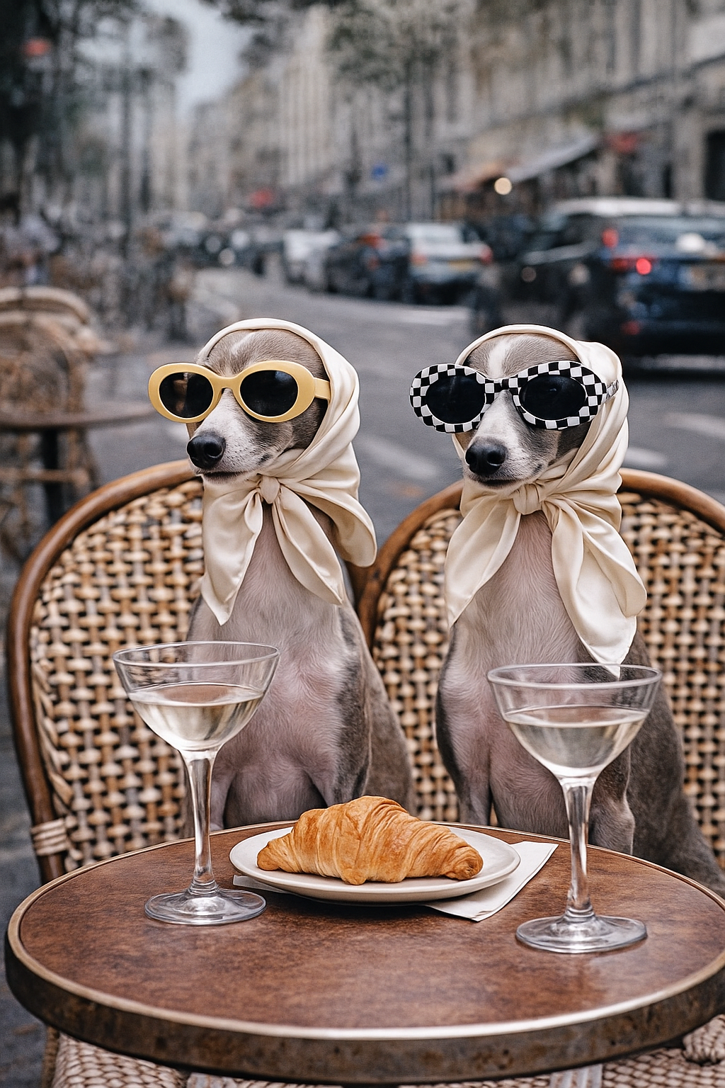 Two dogs wearing sunglasses and scarves at a table with drinks and a croissant on a city street.