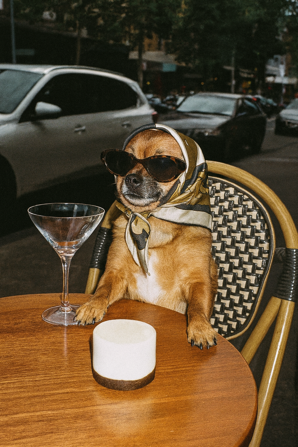 Dog wearing sunglasses and a scarf sitting at a table with a glass and candle in an urban setting