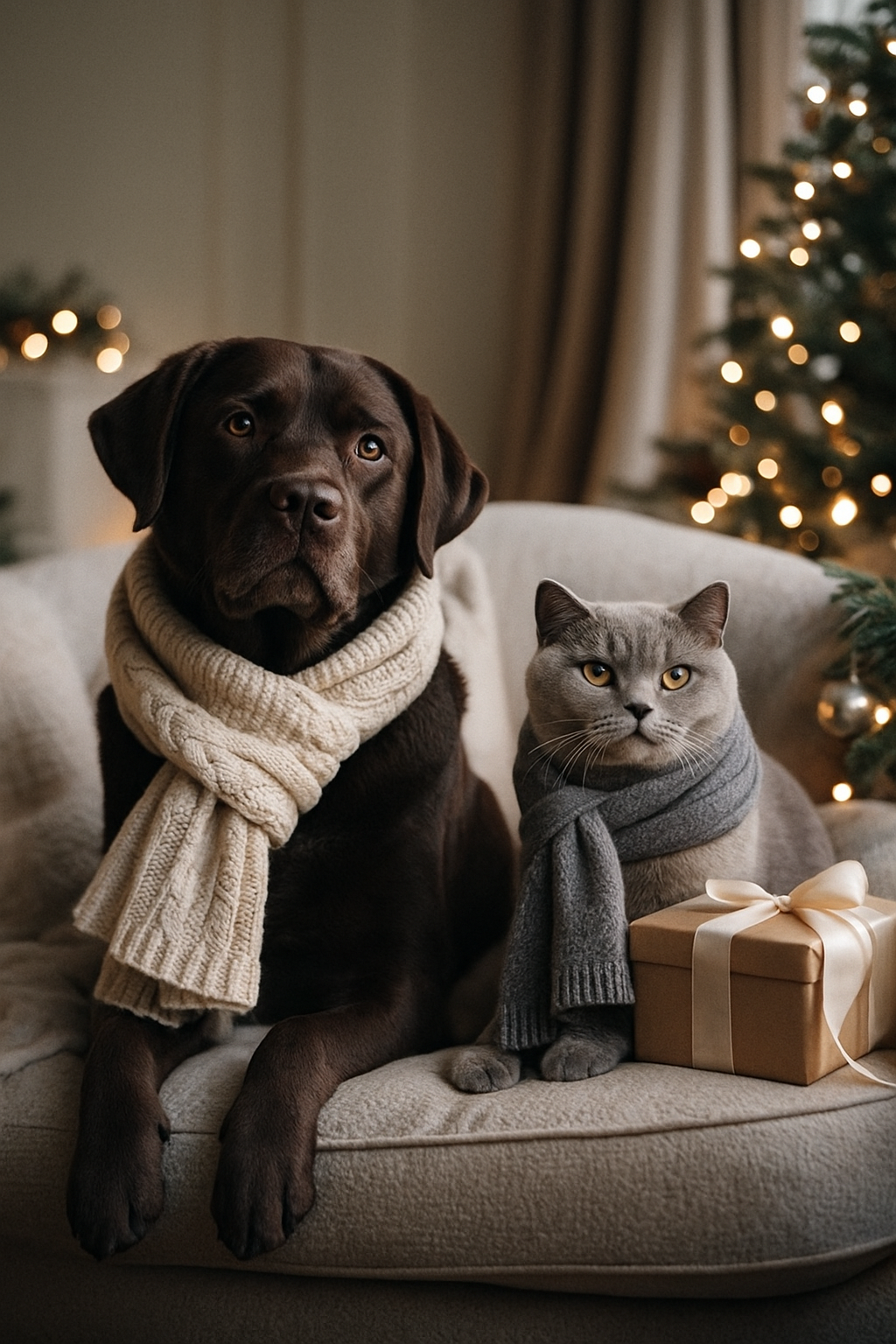 Dog and cat wearing scarves on a couch with a Christmas tree in the background