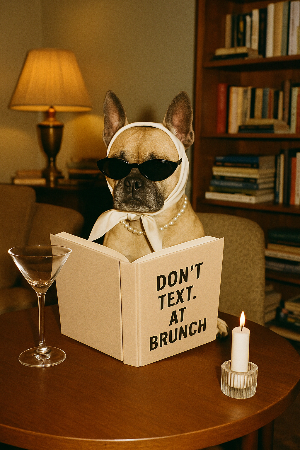 Dog wearing sunglasses and a headscarf, reading a book titled 'Don't Text at Brunch', with a cocktail and candle on a table.