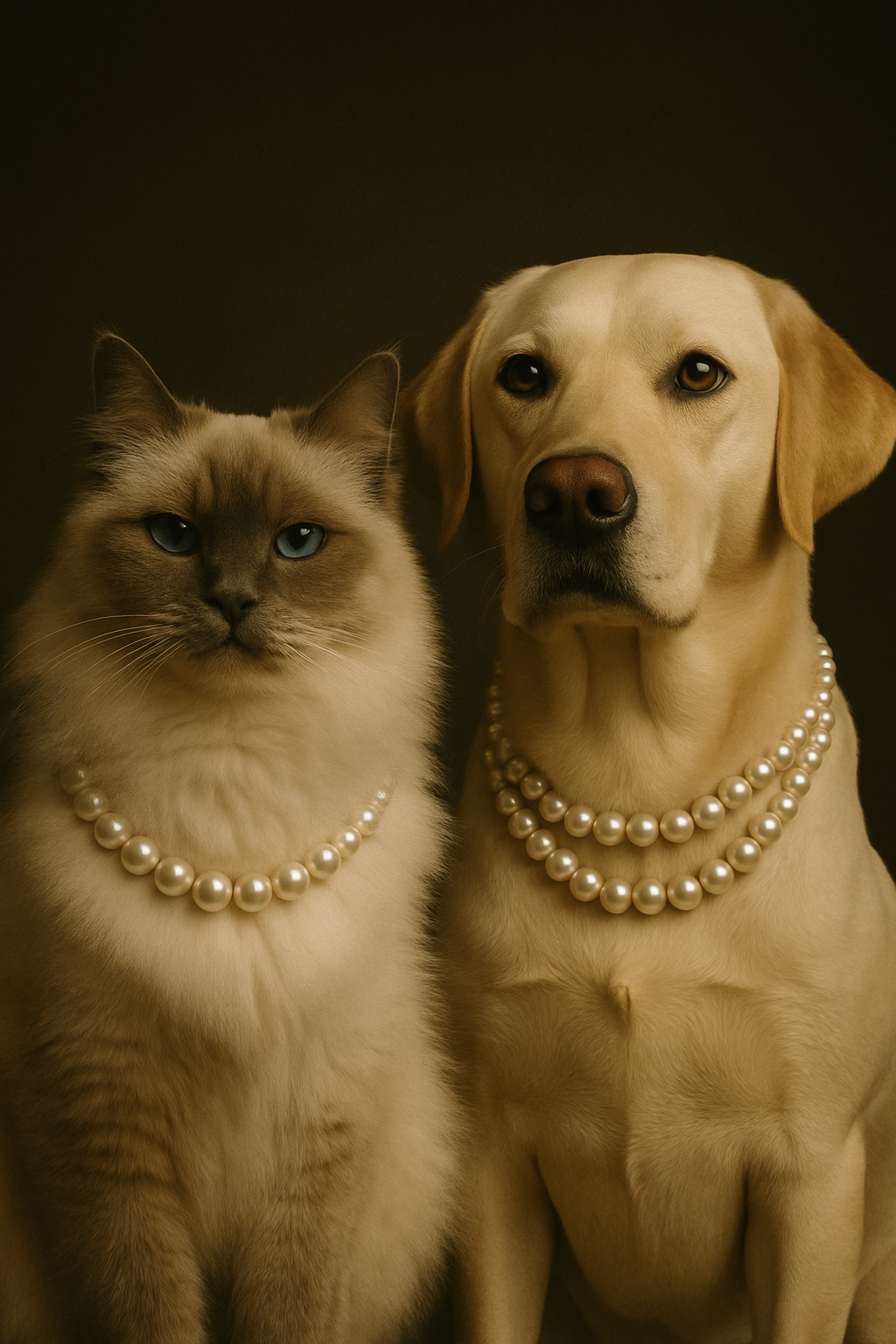 Cat and dog wearing pearl necklaces against a dark background